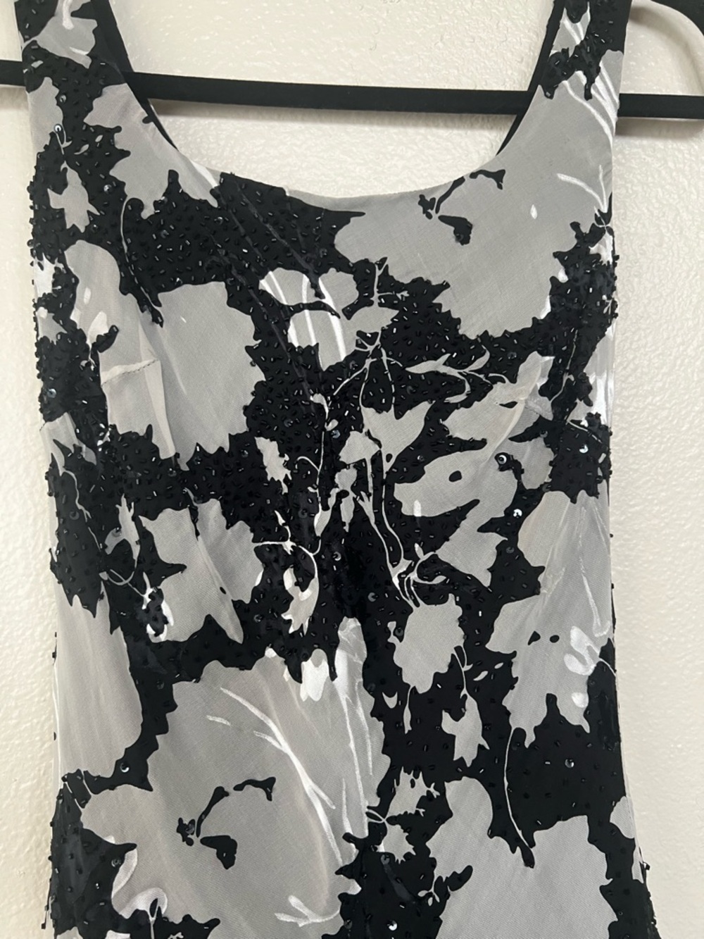 Y2K Whimsical Black and White Overlay Midi Beaded Sheer Floral Slip Dress - Picture 5 of 7